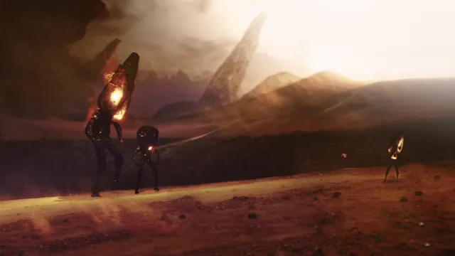 An armored figure crosses an amber desert at sunset