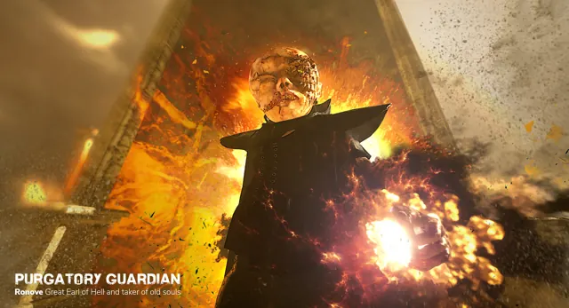 A demonic enemy wields a blade in a burning stone chamber